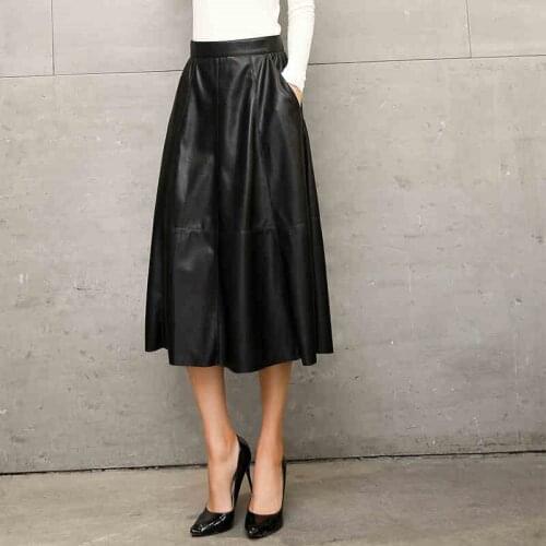 Leather Skirt Autumn Fashion Soft Sheepskin Pu Leather Skirt High Waist Zipper Vintage A Line Black Long Skirts Plus Size W533