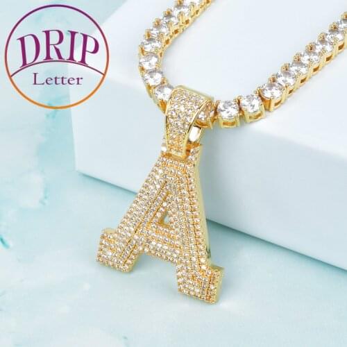 Bubble Letters Pendant Cubic Zircon With Gold Color Tennis Chain Necklace Men Women Hip Hop Rock Single Letter Jewelry