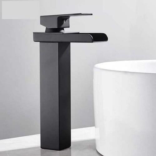 Square Chrome and Black Waterfall Basin Sink Faucet Bathroom Mixer Tap Wide Spout Vessel Sink Fauet Hot Cold Water Tap