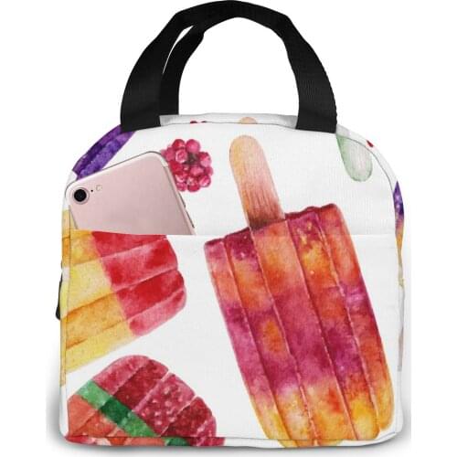 Summer Ice Cream Watercolor Cooler Bag Portable Zipper Thermal Lunch Bag Convenient Lunch Box Tote Food Bag
