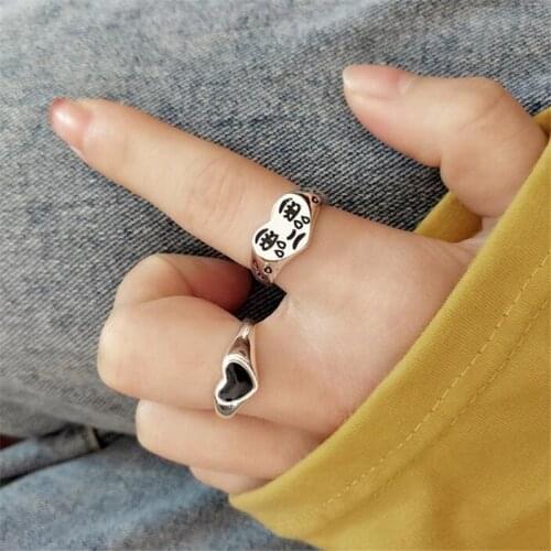 Fashion Cry Face Heart-Shaped Open Ring for Women 2pcs /set Silver Color Index Finger Rings Accessories Hip Hop Jewelry Gift