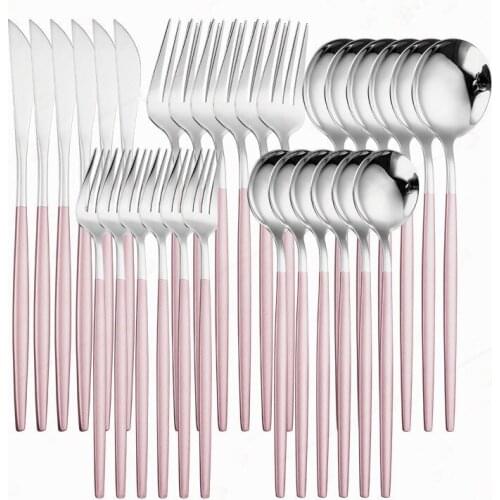 Stainless Steel Pink Cutlery Set Knife Spoon Fork Tableware Set Kitchen Set Dinnerware Pink Silver 30pcs Dinner Home Flatware