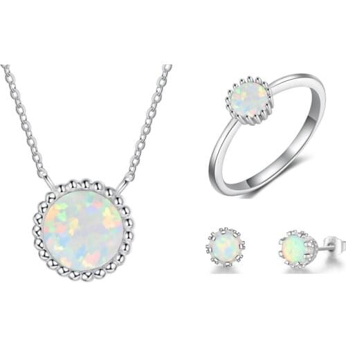 Simple Jewelry Sets for Brides 925 Sterling Silver Round White Opal Rings Necklaces Stud Earrings Women Wedding Engagement Gifts