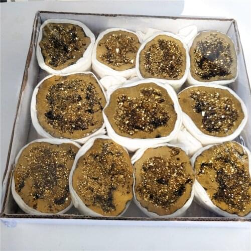 Natural Aura Bismuth Titanium Silicon Crystal Geode Yellow Electroplated Agate Clusters Mineral Specimens