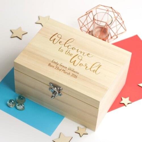 Personalize text name welcome to the world new baby wood Memories bespoken Box Keepsake gift Boxes birthday storage containers