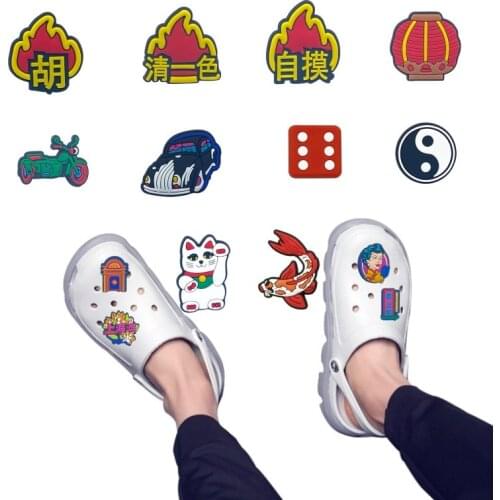 50pcs Retro Chinese Style Shoe Charms Cheongsam Mahjong Lantern Tai Chi Lucky Cat Clog Decorations Garden Shoe Accessories