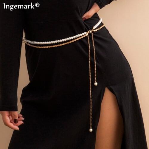 Punk Imitation Pearl Metal Belts Women Vintage High Waist Chain Waist Belt Gothic Tassel Gold Color Pendant Female Body Jewelry
