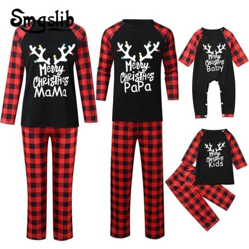 Christmas Family Matching Outfits Mother Daughter Pajamas Set Dad Son Baby Kids Elk Print Plaid Suit For Family Home Pajamas Set