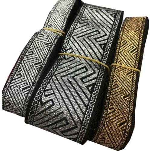 Wide 2.5-5cm 10yards/lot Woven Jacquard Ribbon geometry pattern silver gold for clothing Accessories CH-9290