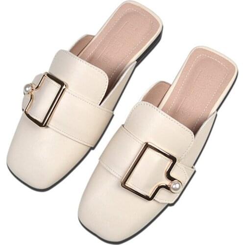 Fashion Microfiber Leather Mule Slippers Outdoor Womens Casual Slides Flat Metal Buckle Soft Sandals Summer Female Half Shoes