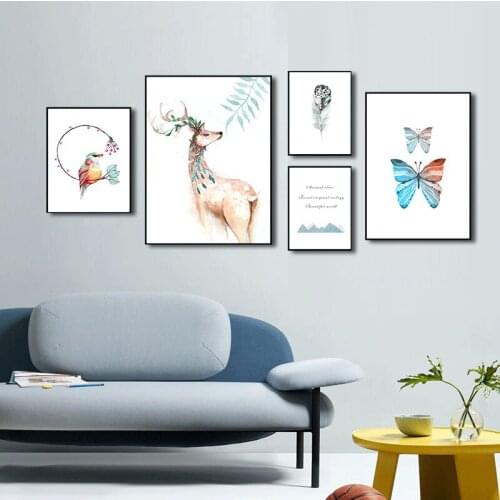 Nordic Sytle Posters And Prints Deer Bird Butterfly Animals Wall Art Canvas Paintings Wall Pictures Child Baby Kids Room Décor
