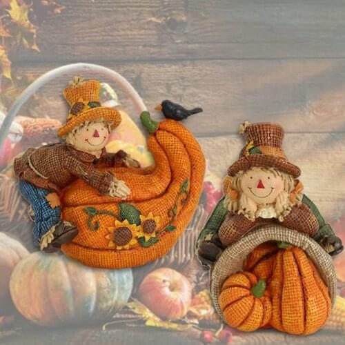 Harvest Day Simulation Pumpkin Ornaments Burlap Scarecrow Boy Girl Resin Statue Creative Sculpture for Home Decor Indoor M17D
