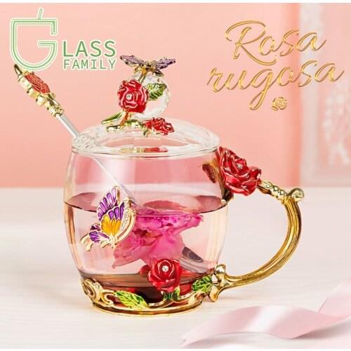 Glass Drinkware Cups Handmade Enamel Crystal Cup Coffee Mug Red Rose Wine Glasses Flower Drinking Glasses for Lover Gift Wedding