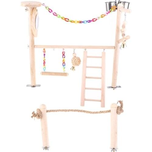 Parrot Bird Play Stand Cockatiel Playground Wood Perch Gym Ladder Feeder Cups D7YB