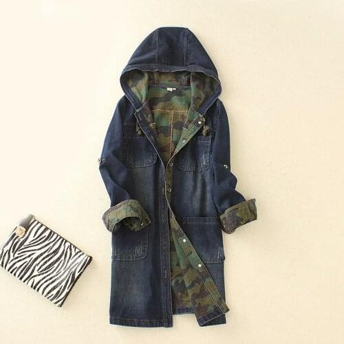 Korean Style Camouflage Long Denim Jacket Women Plus Size Hooded Windbreaker Jeans Coat Female Streetwear Outerwear Cardigan