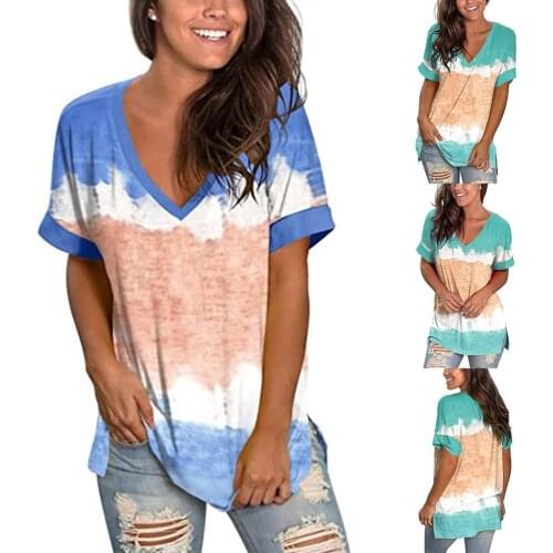 Dx6191 Summer Womens Tie-Dye T-Shirts Side Split V-Neck Short Sleeve Home Daily Casual Comfortable Loose Elegant Female Tees