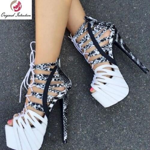 Original Intention Fashion Women Sandals Open Toe High Heels Pumps Shoes Woman White Nude Plus Size 4-20