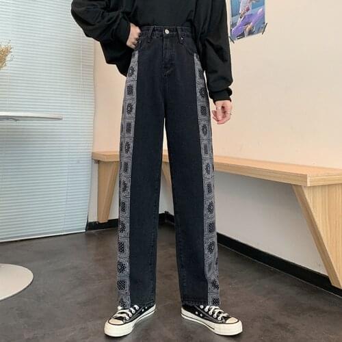 New Hip Hop Jeans Women Vintage Jeans Rock Band Print Wide Leg Streetwear Loose Straight Denim Patch Harajuku Fashion Trousers