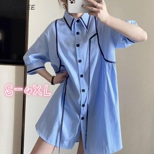 Shirts Women Summer Blouses Loose Large Size Ribbon Patchwork Retro Design Womens Tops Preppy Korean Turn Down Collar Fashion