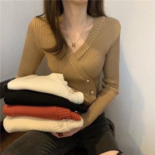 JMPRS Pullover Irregular Buckle Knitted Women Sweater Sexy V Neck Autumn Long Sleeve Elegant Stylish Chic Fashion Female Tops