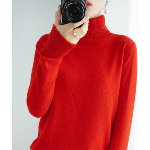 Autumn and winter new style 100% wool knitted pullover womens high neck long-sleeved loose large size short womens top