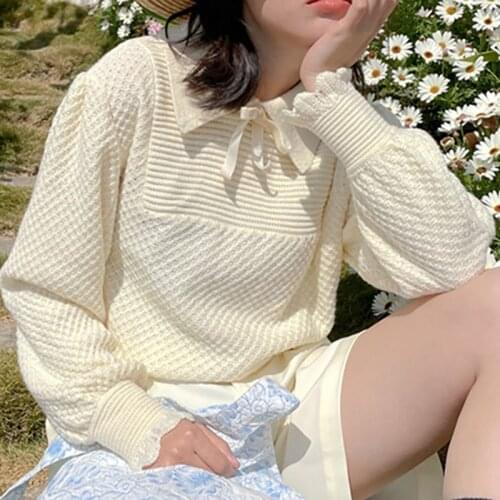 Elegant Fashion Short Knitted Sweater Long-sleeved Hollow Polo Collar Pullover Women Spring Autumn 2021 Sweet Solid Color Tops