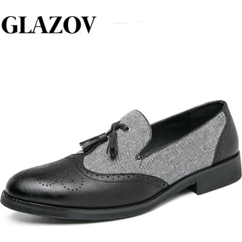 GLAZOV New Men Genuine Wingtip Leather Oxford Shoes Pointed Toe Laces Up Oxfords Dress Brogues Wedding Business Platform Shoes