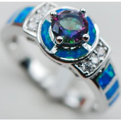 Rainbow Crystal Zircon Blue Opal 925 Sterling Silver Ring Size 6 7 8 9 10 R1321