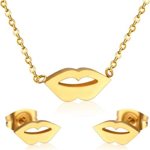 LUXUKISSKIDS Jewellery Stainless Steel Dubai Unique Lips Pendant Necklaces Stud Earrings Brinco For Lover Jewelry Sets Gift