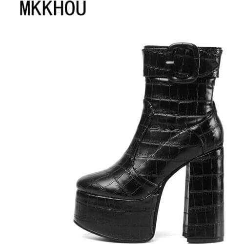MKKHOU Fashion Short Boots Womens New Winter Boots Round Toe Thick Heel Ladies Platform Boots Super High Heel Boots Large Size