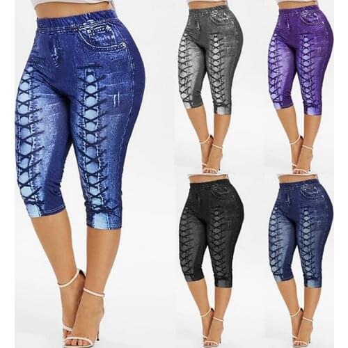 Fashion Women Short Leggings Floral Print Pencil Pants Leggins 2020 Casual High Waist Denim Trousers Plus Size Yoga Shorts