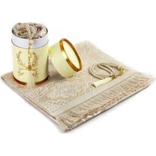 Muslim Islamic Prayer Rug and Pearl Rosary Special Set with Cylinder Box Gift 3 Piece Luxury Tasseled 117 cm x 67 cm Turkey