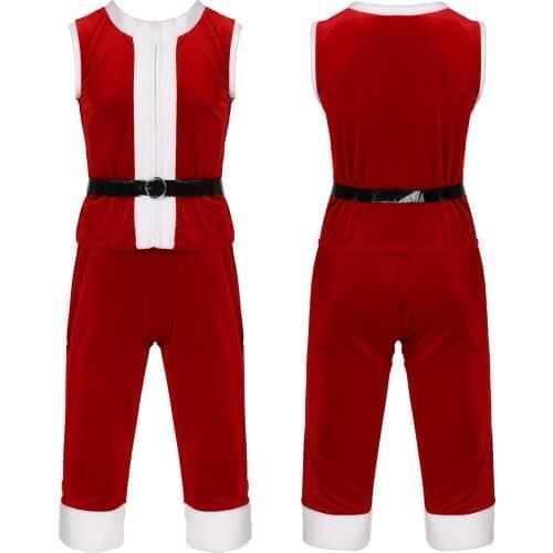 Mens Christmas Cosplay Costume Faux Fur Trim Velvet Set Round Neck Sleeveless Zipper Tank Tops with Shorts and Faux Leather Belt