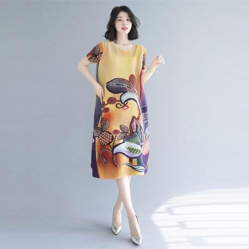 Miyak Pleated Printed dresses for women Chinese style retro loose large size Round neck short sleeve Female Dresses