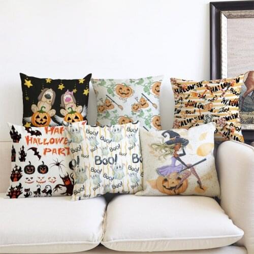 Halloween Party Decoration Watercolor Pumpkin Witch Bunny Dog Cartoon Sofa Pillow Case Cotton Linen Halloween Art Cushion Cover