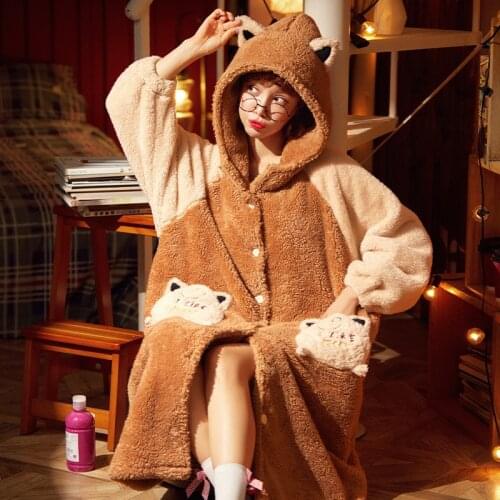Thicken Night-robe Women Nightdress Cute Cartoon Bear Hooded bath robe Coral Fleece Warm Home wear Bathrobe Plus Size