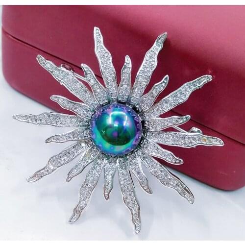 Vintage Pearl Brooch Pin White Round Stone Micro Pave CZ Firework Brooches Pin Silver Tone Diamante Flower Bridal Bouquet Brooch