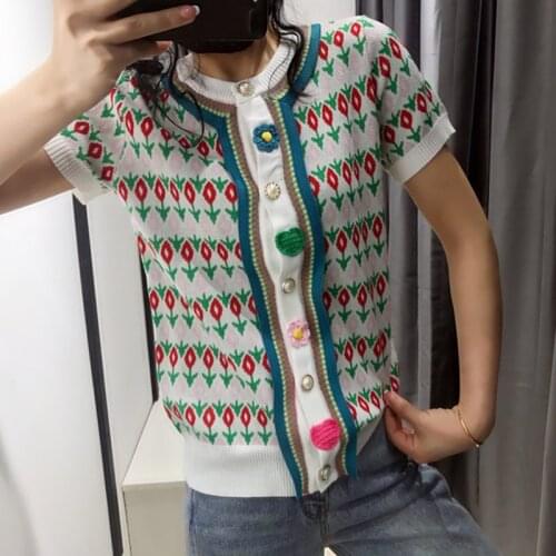 Jacquard Knit Cardigan Crochet Floral Thin Summer Tops 2020 Summer New Contrast Color O-neck Single Breasted Cardigan Knit Tops