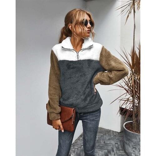 Womens Hoodie Long Sleeve Color Patchwork Neckline Zipper Fleece Sweatshirt Thick Warm Preppy Style Female Tops