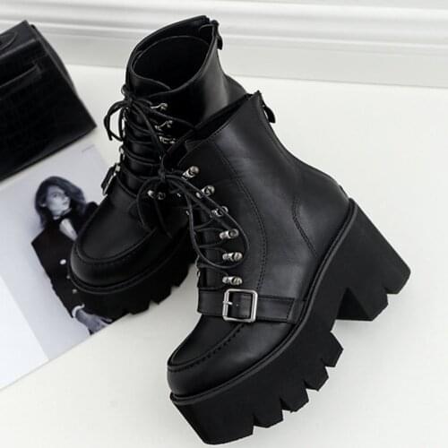 FONBERRY Lace up Platform Boots Women Black Goth Boots Ankle Boots for Women Buckle Strap High Heel Martin Boots Women SWE0279