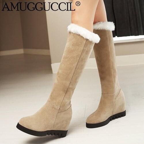 2021 New Plus Big Size 34-43 Black Beige Brown Fashion Wedge Female Ladies Winter Warm Faux Fur Knee High Women Snow Boots X2003