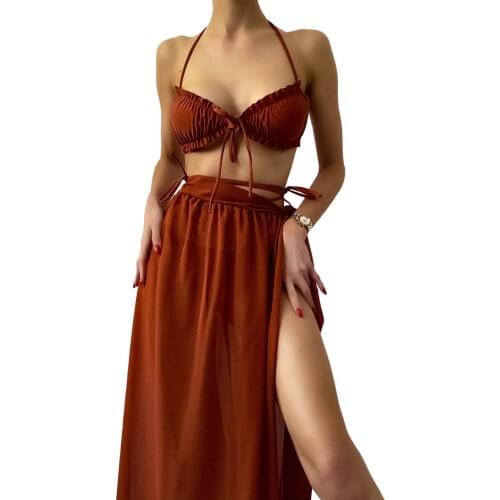Womens Sexy Three Piece Bikini Suits Fashion Solid Color Ruffles Halter Top+Bandage Long Skirts+Thong Female Swimsuit Beachwear