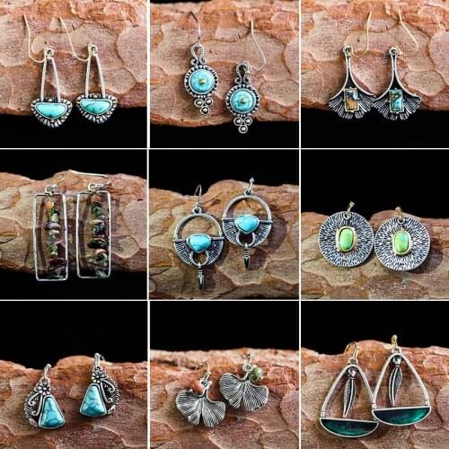 2021 Bohemian Ethnic Style Green Dangle Earrings For Women Tribal Jewelry Vintage Long Drop Earring Fashion Personality Gift