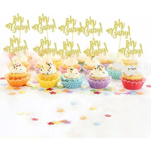 10/20pcs Gold Glitter Oh Baby Cake Topper Happy Birthday Party Baby Shower Decoration Cupcake Topper Dessert Bakery Cake Flag