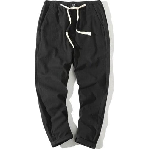 #2608 Summer Casual Cotton Linen Pants Mens Elastic Waist Black White Ankle-length Trouser Thin Pleated Joggers Plus Size 5XL