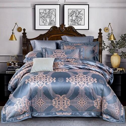 4/6 Pieces Queen King size Luxury Blue Satin Cotton Bedding set Europe Jacquard Boho Bed sheets set Duvet cover Pillowcase 36