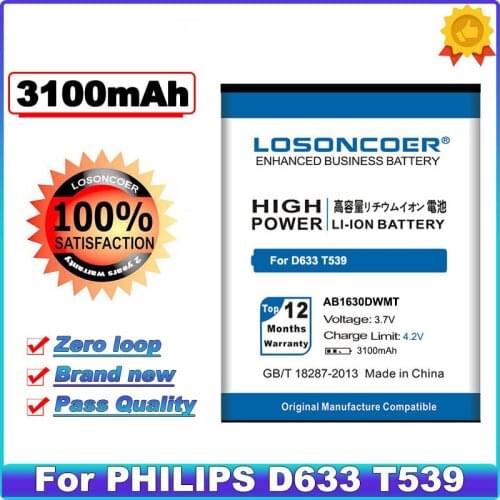 LOSONCOER 3100mAh AB1630DWMT battery For PHILIPS Xenium D633 T539 W536 W635 W6350 X2560 X2566 CTW536 E310 S307 CTS307