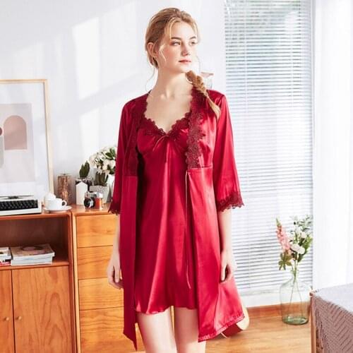 Brand 2019 spring new arrival faux silk bathrobe + nightdress two pieces robe & gown set with lace patchwork Sexy and sweet