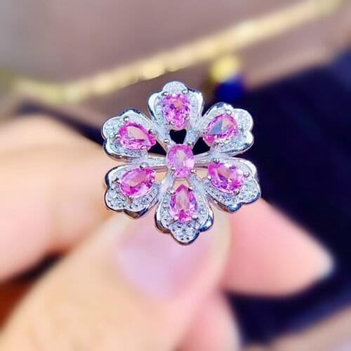 Natural real pink sapphire flower big ring Per jewelry 925 sterling silver 0.3ct*7pcs gemstone Fine jewelry J216911