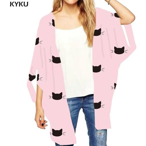 KYKU Brand Cat Loose Kimono Women Animal Print Cardigans Pink Shirts Graffiti Open Stitch Blouse Ink 3d Blouse Womens Clothing